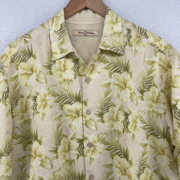 TOMMY BAHAMA Shirt Mens M Linen Floral Hibiscus Tropical Camp Short Sleeve Green - Picture 5 of 13